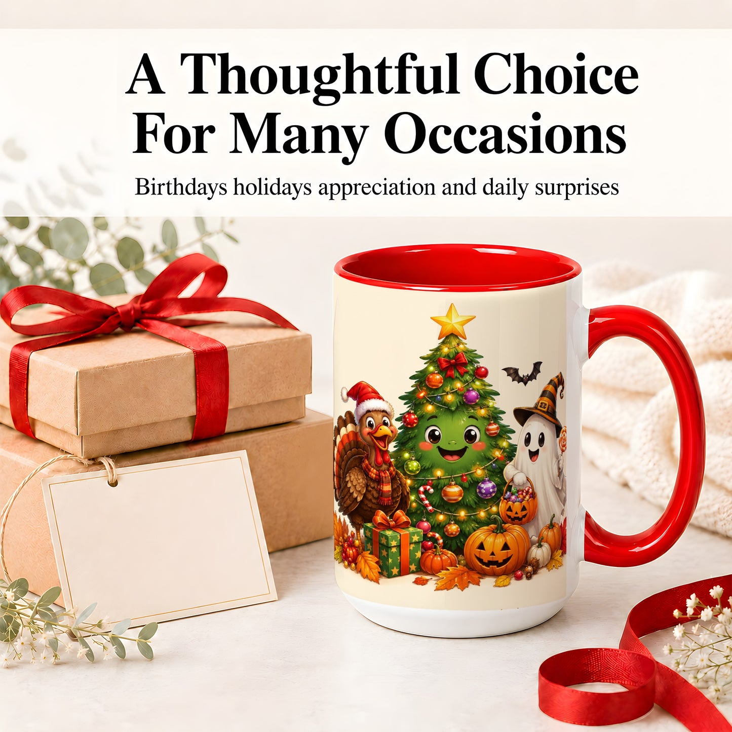 #pl[15oz|Red] Ghost Turkey Christmas Ceramic Mug, Cute Holiday Seasonal Artwork