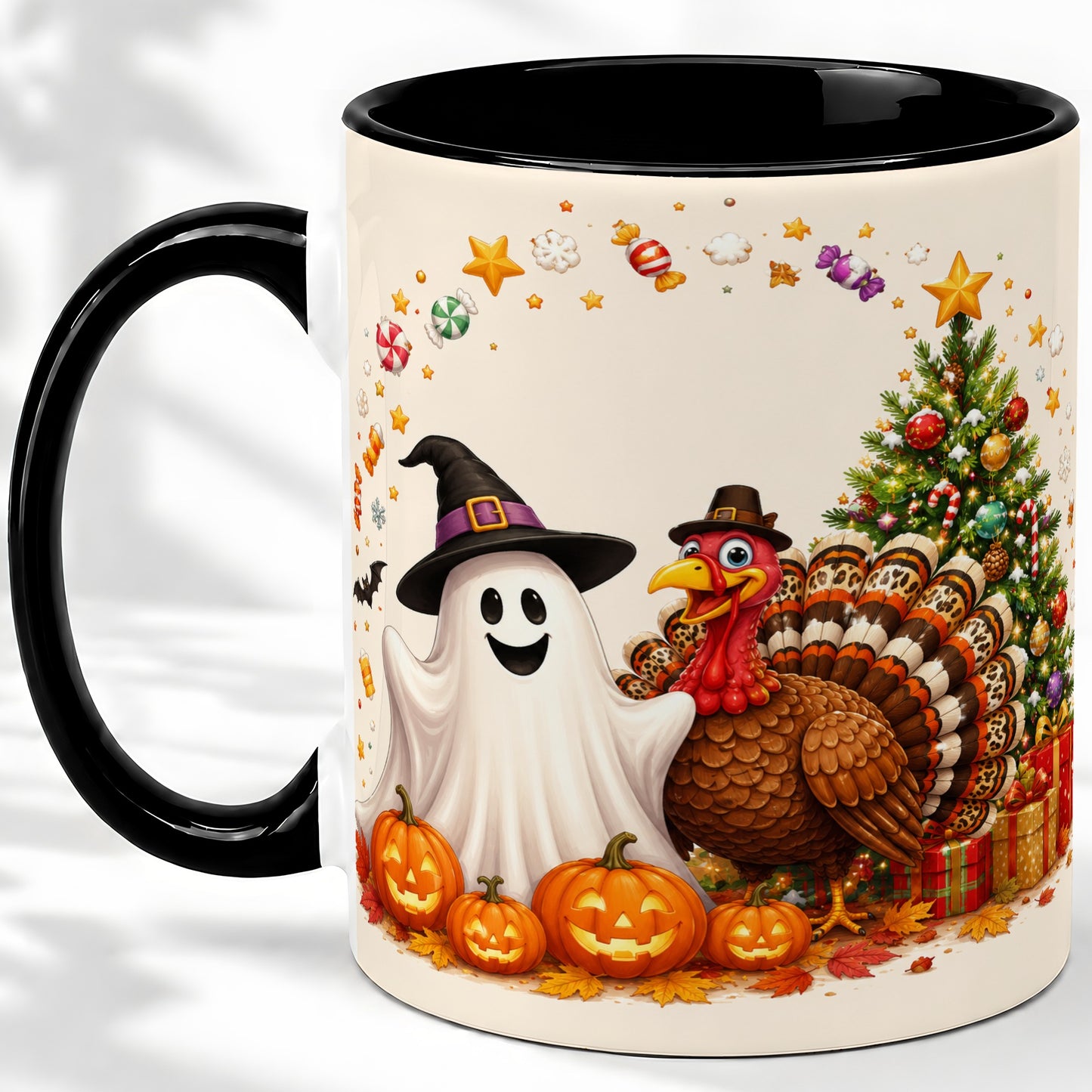#pl[11oz|Black] Festive Ghost Turkey Ceramic Mug, Holiday Pumpkin Christmas Art