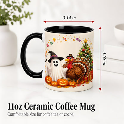 #pl[11oz|Black] Festive Ghost Turkey Ceramic Mug, Holiday Pumpkin Christmas Art