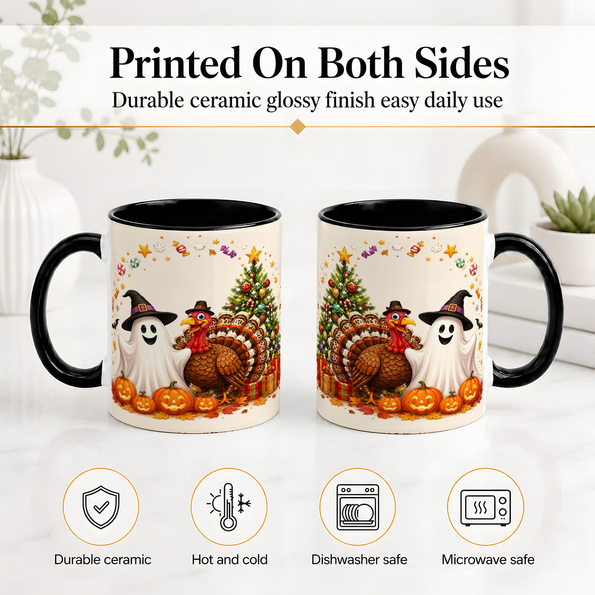 #pl[11oz|Black] Festive Ghost Turkey Ceramic Mug, Holiday Pumpkin Christmas Art