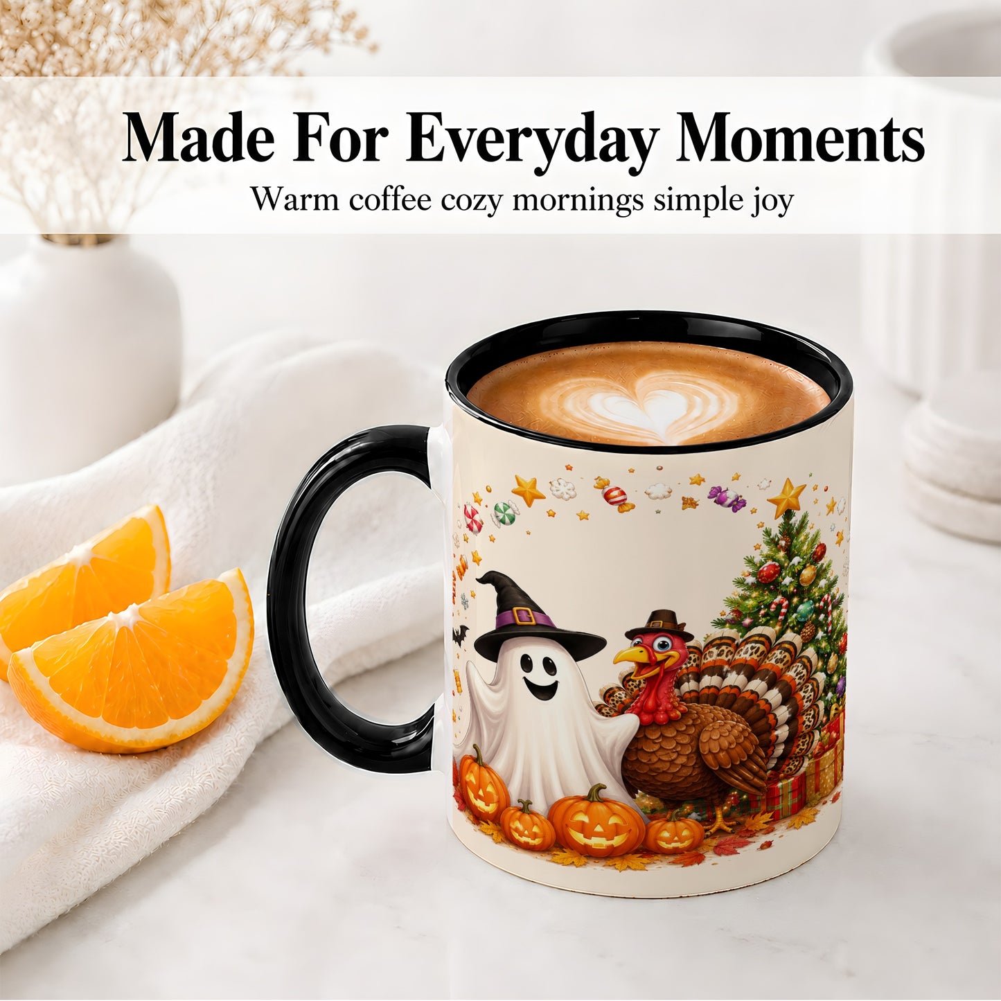 #pl[11oz|Black] Festive Ghost Turkey Ceramic Mug, Holiday Pumpkin Christmas Art