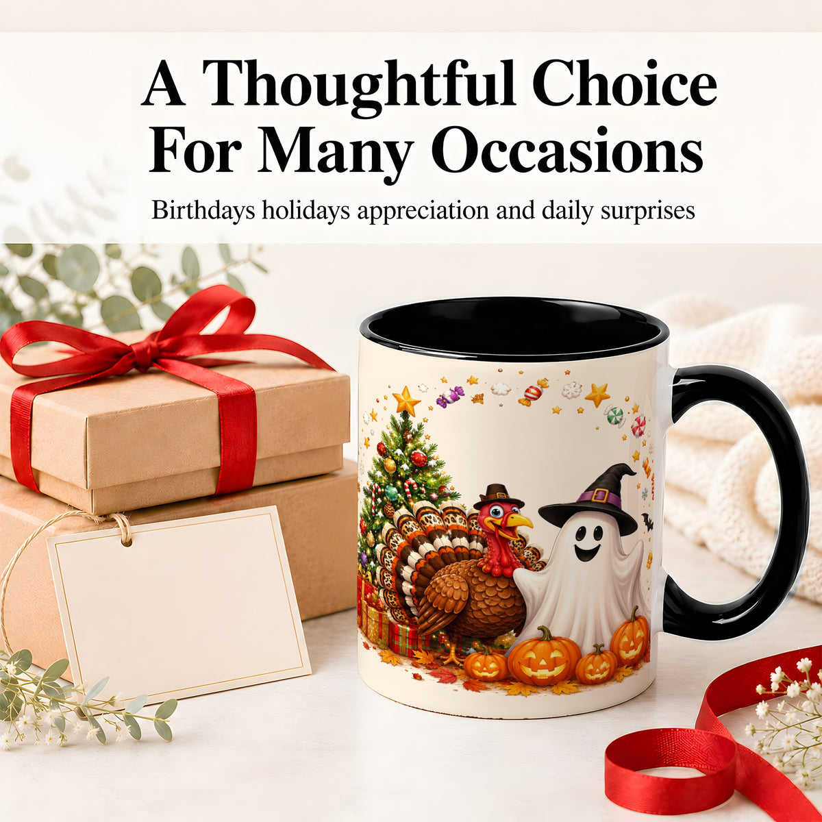#pl[11oz|Black] Festive Ghost Turkey Ceramic Mug, Holiday Pumpkin Christmas Art