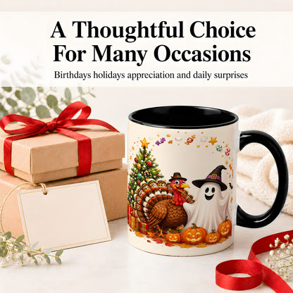 #pl[11oz|Black] Festive Ghost Turkey Ceramic Mug, Holiday Pumpkin Christmas Art