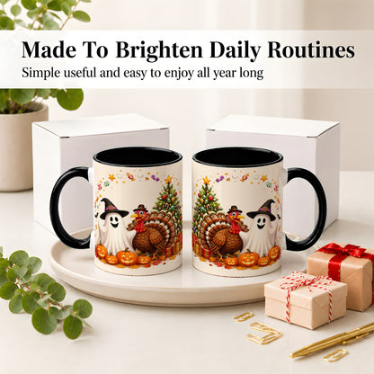 #pl[11oz|Black] Festive Ghost Turkey Ceramic Mug, Holiday Pumpkin Christmas Art