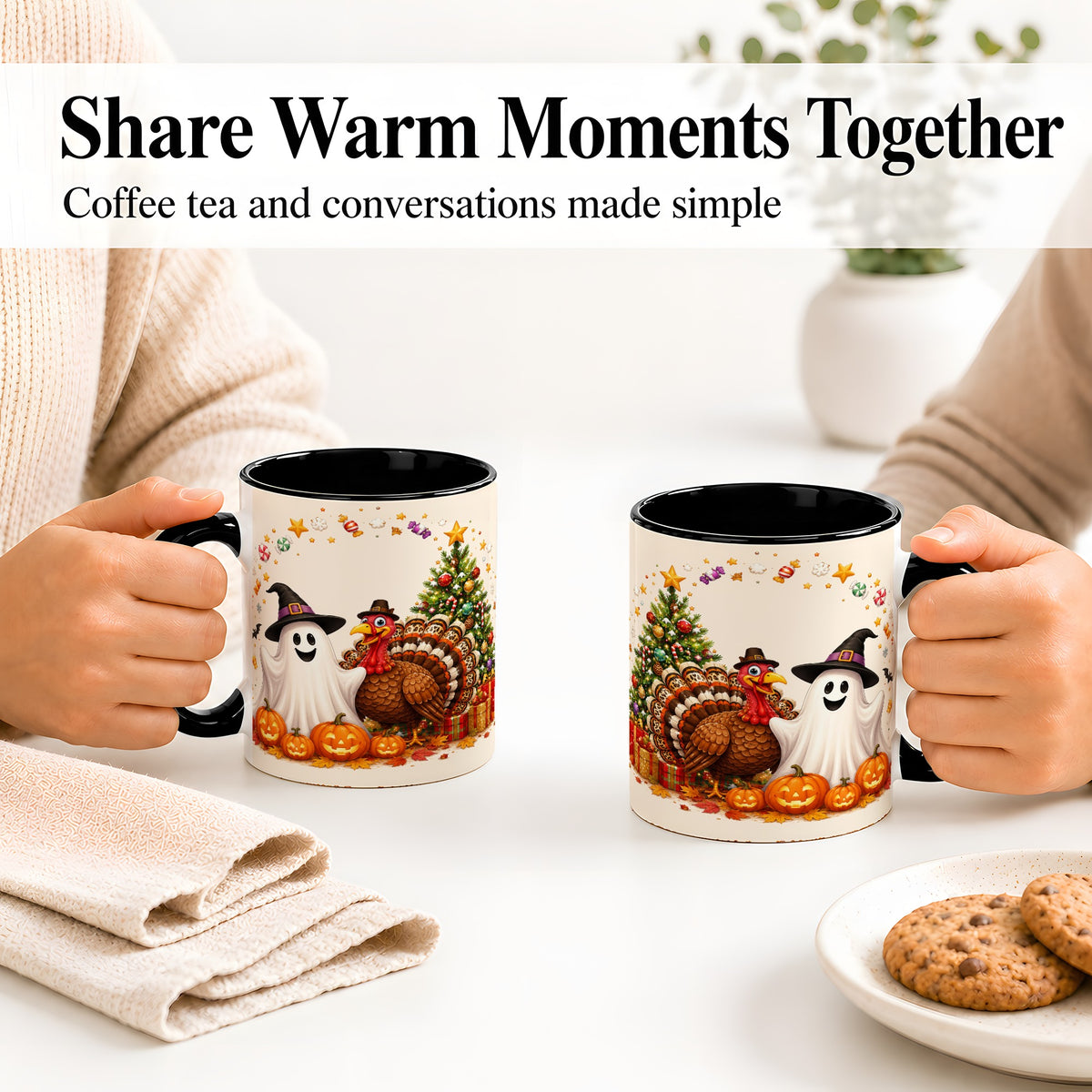 #pl[11oz|Black] Festive Ghost Turkey Ceramic Mug, Holiday Pumpkin Christmas Art