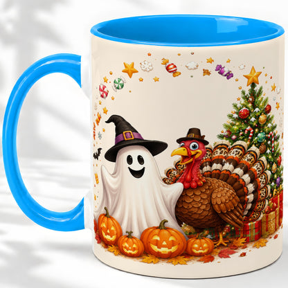 #pl[11oz|Blue] Festive Ghost Turkey Ceramic Mug, Holiday Pumpkin Christmas Art