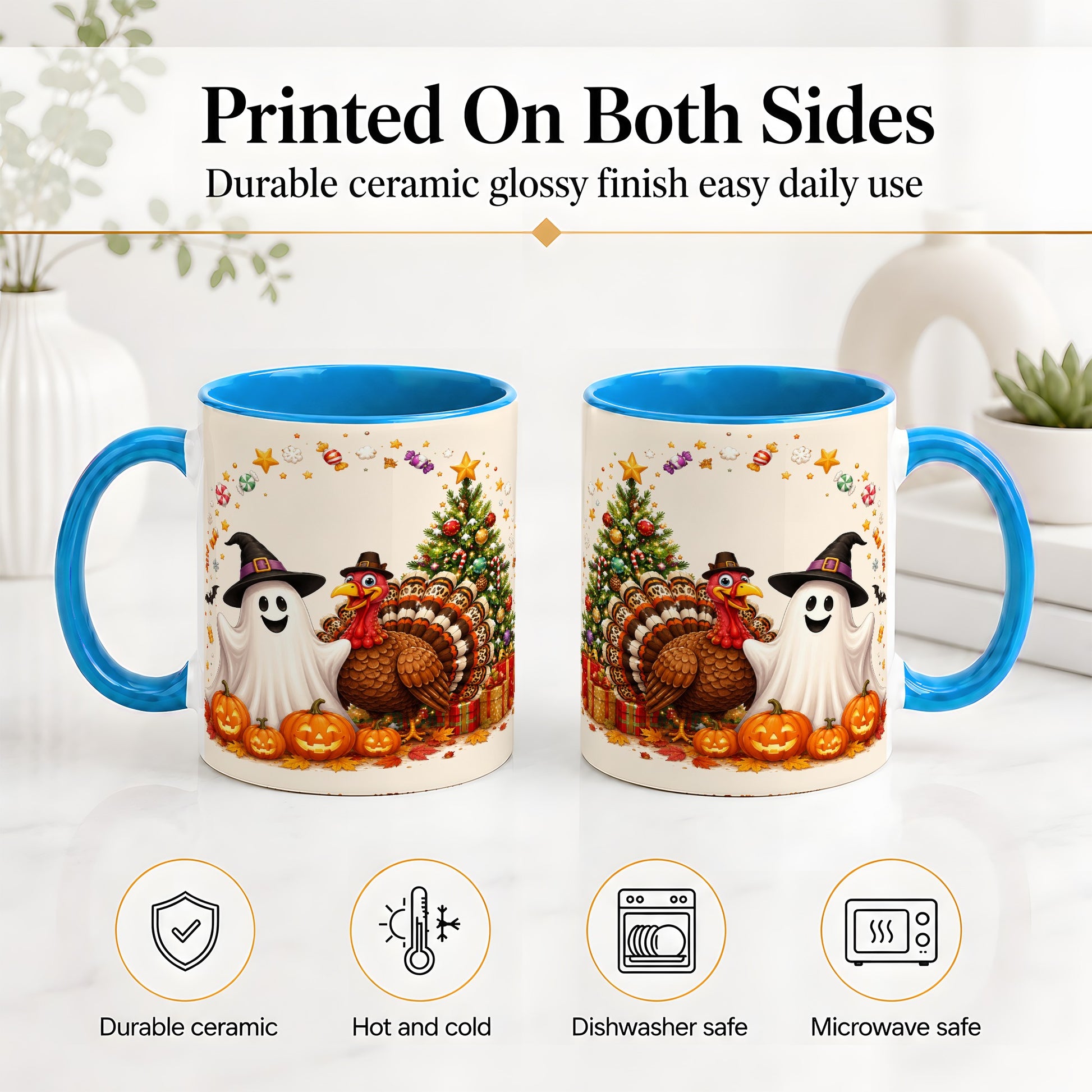 #pl[11oz|Blue] Festive Ghost Turkey Ceramic Mug, Holiday Pumpkin Christmas Art