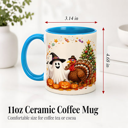 #pl[11oz|Blue] Festive Ghost Turkey Ceramic Mug, Holiday Pumpkin Christmas Art