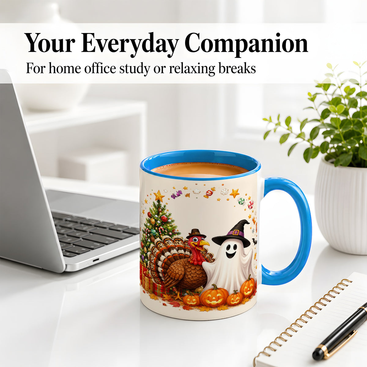 #pl[11oz|Blue] Festive Ghost Turkey Ceramic Mug, Holiday Pumpkin Christmas Art