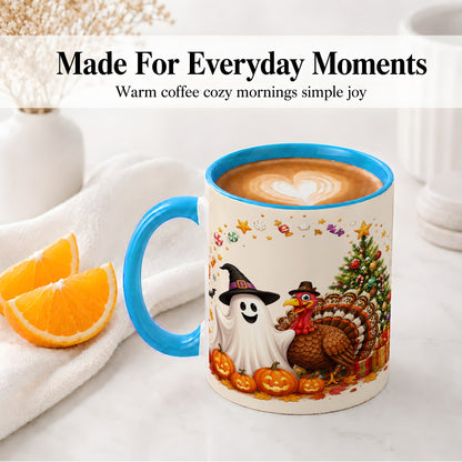 #pl[11oz|Blue] Festive Ghost Turkey Ceramic Mug, Holiday Pumpkin Christmas Art