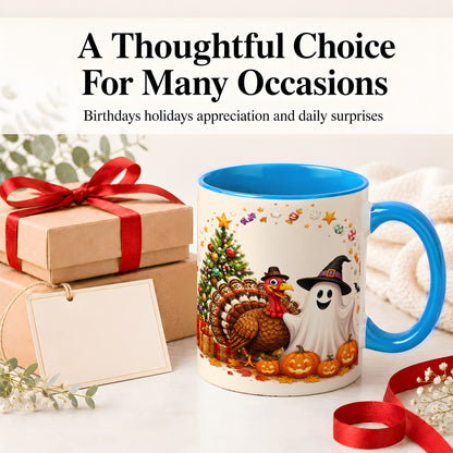 #pl[11oz|Blue] Festive Ghost Turkey Ceramic Mug, Holiday Pumpkin Christmas Art