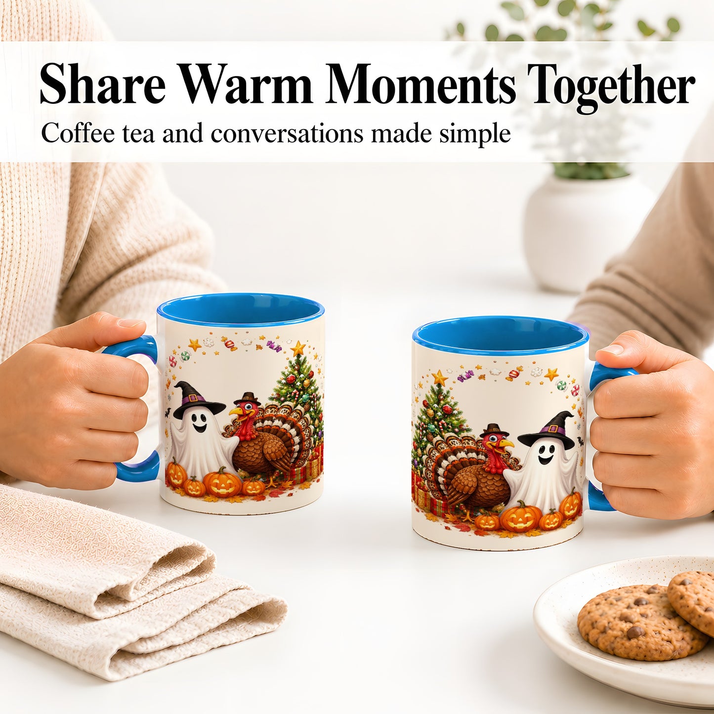 #pl[11oz|Blue] Festive Ghost Turkey Ceramic Mug, Holiday Pumpkin Christmas Art