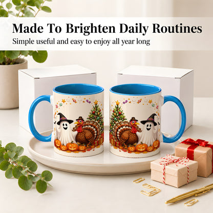 #pl[11oz|Blue] Festive Ghost Turkey Ceramic Mug, Holiday Pumpkin Christmas Art