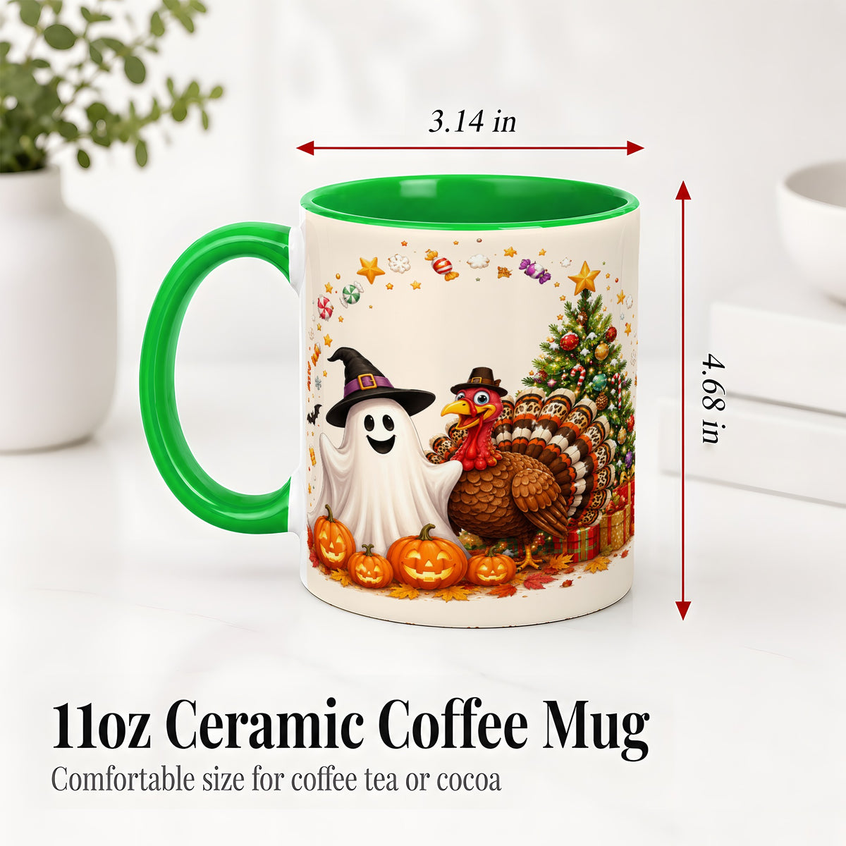 #pl[11oz|Green] Festive Ghost Turkey Ceramic Mug, Holiday Pumpkin Christmas Art