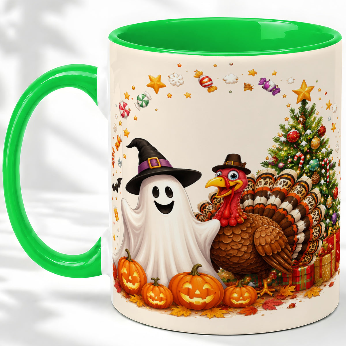 #pl[11oz|Green] Festive Ghost Turkey Ceramic Mug, Holiday Pumpkin Christmas Art