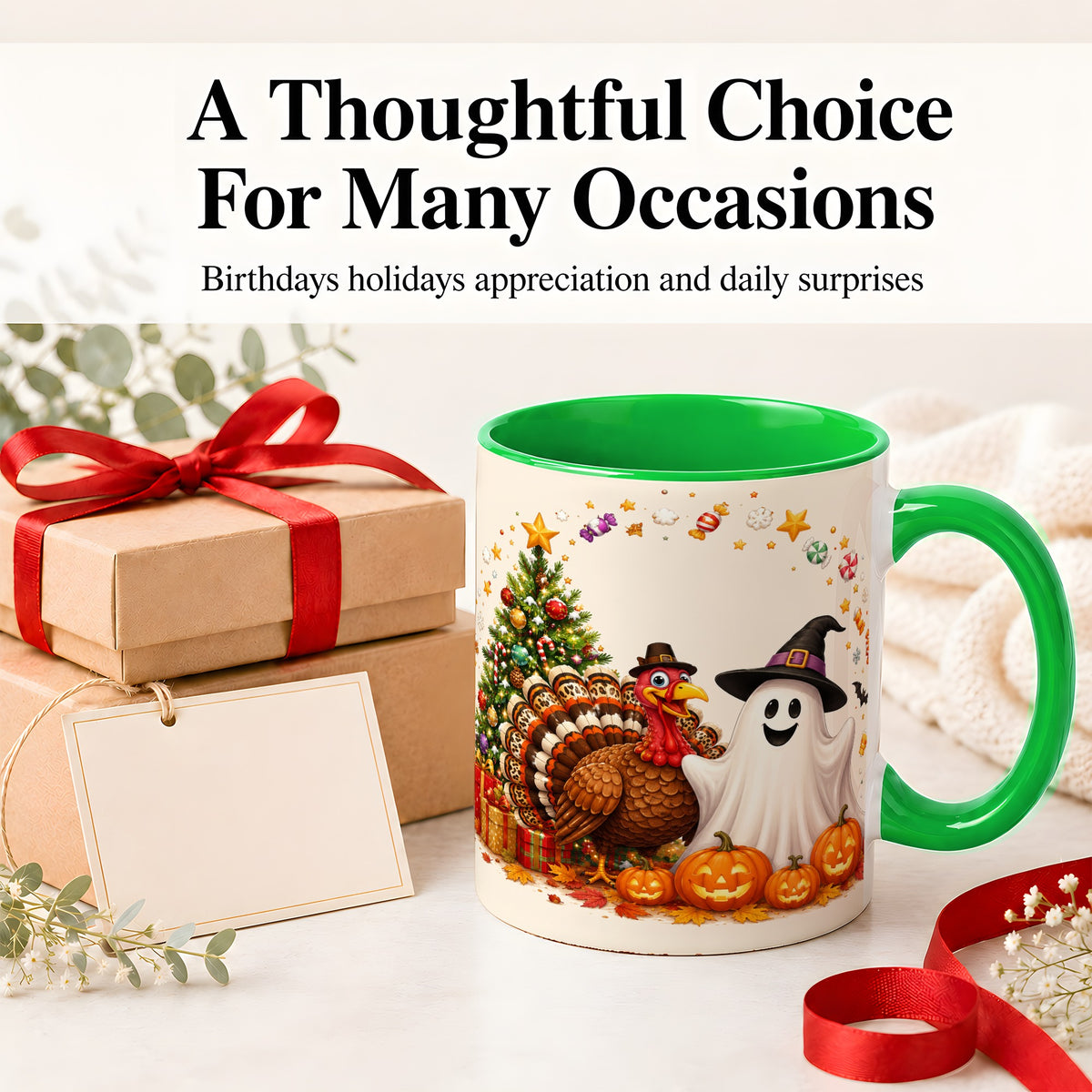 #pl[11oz|Green] Festive Ghost Turkey Ceramic Mug, Holiday Pumpkin Christmas Art
