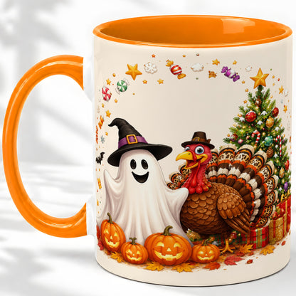 #pl[11oz|Orange] Festive Ghost Turkey Ceramic Mug, Holiday Pumpkin Christmas Art