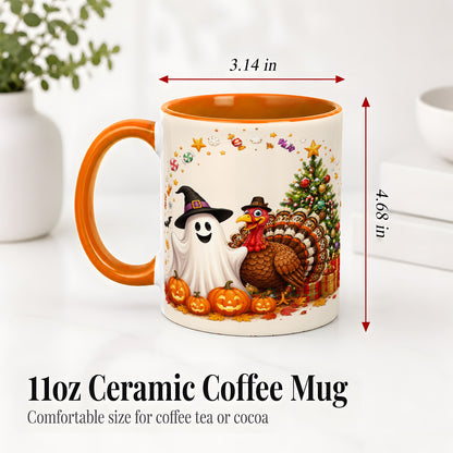 #pl[11oz|Orange] Festive Ghost Turkey Ceramic Mug, Holiday Pumpkin Christmas Art
