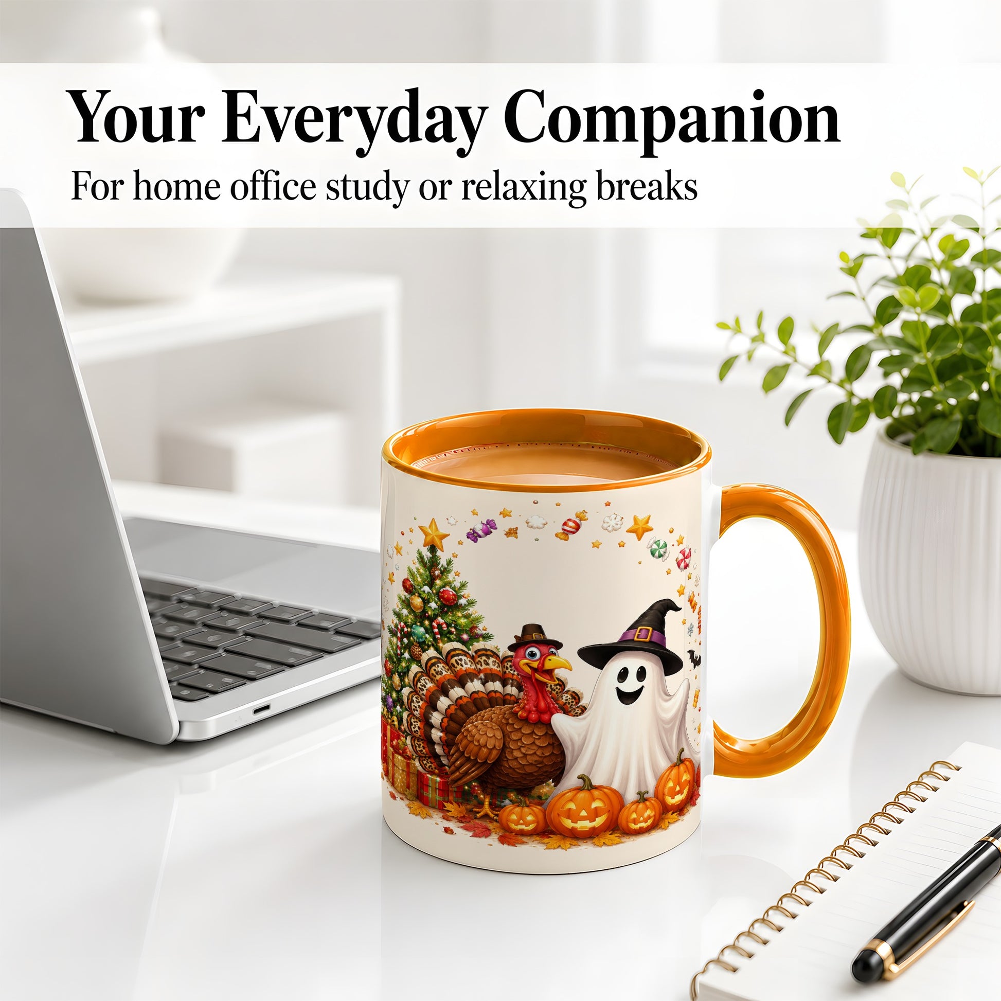 #pl[11oz|Orange] Festive Ghost Turkey Ceramic Mug, Holiday Pumpkin Christmas Art