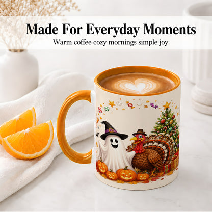 #pl[11oz|Orange] Festive Ghost Turkey Ceramic Mug, Holiday Pumpkin Christmas Art