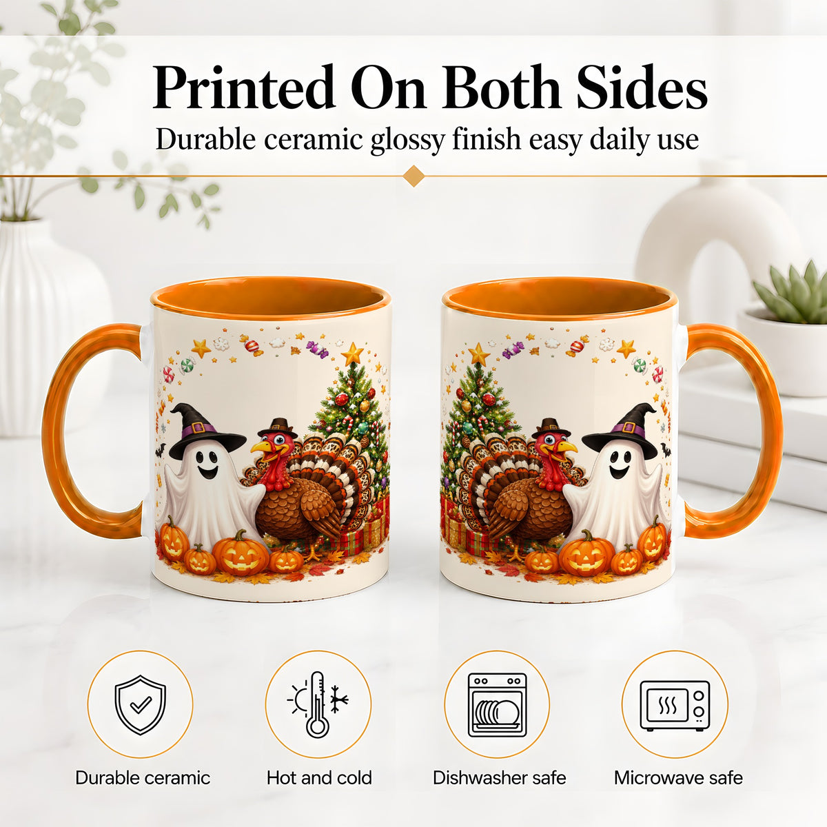 #pl[11oz|Orange] Festive Ghost Turkey Ceramic Mug, Holiday Pumpkin Christmas Art