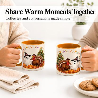#pl[11oz|Orange] Festive Ghost Turkey Ceramic Mug, Holiday Pumpkin Christmas Art