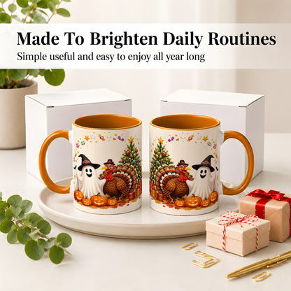 #pl[11oz|Orange] Festive Ghost Turkey Ceramic Mug, Holiday Pumpkin Christmas Art