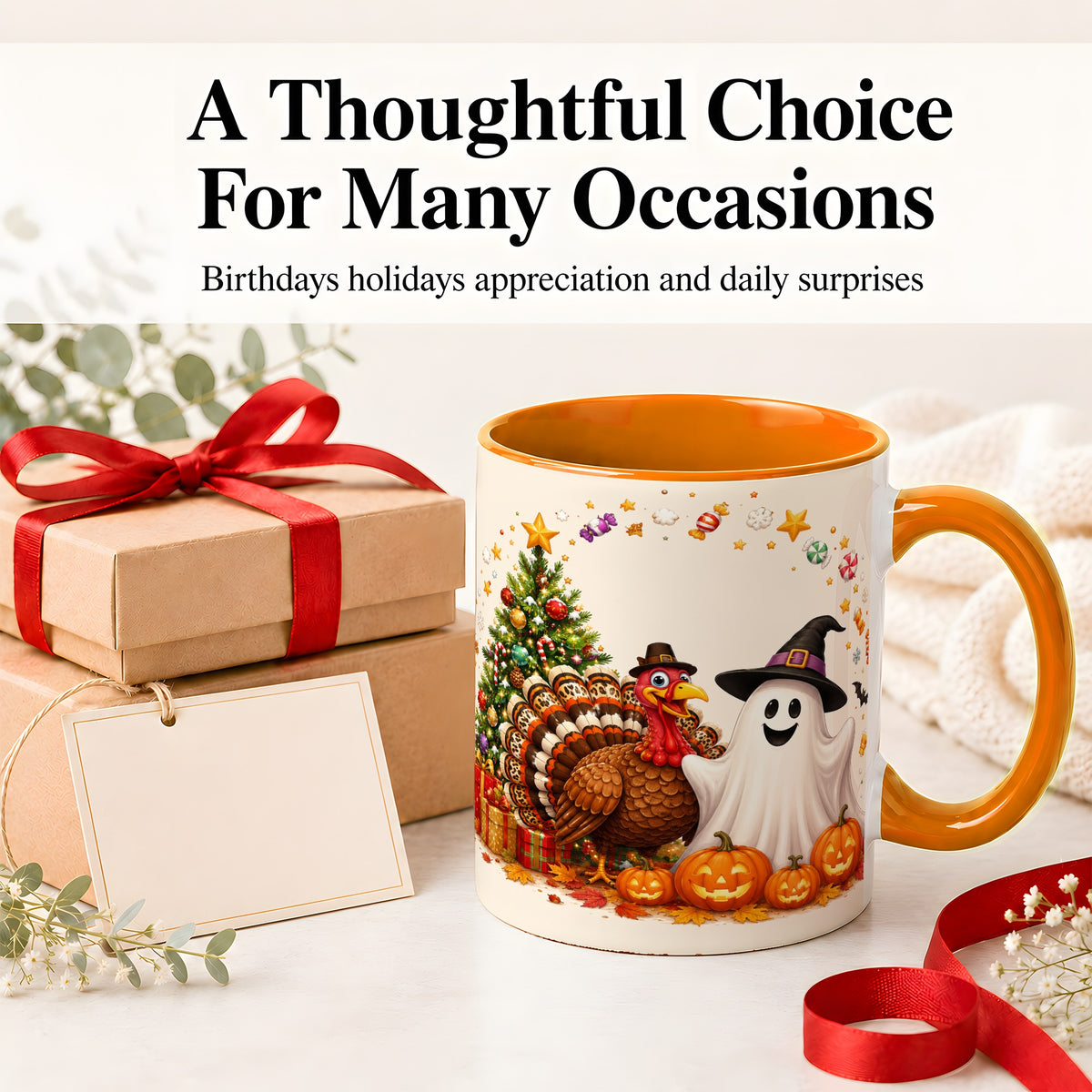 #pl[11oz|Orange] Festive Ghost Turkey Ceramic Mug, Holiday Pumpkin Christmas Art