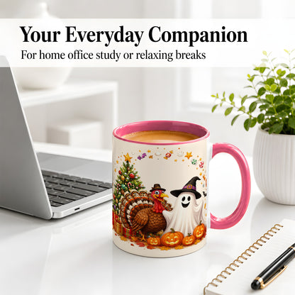 #pl[11oz|Pink] Festive Ghost Turkey Ceramic Mug, Holiday Pumpkin Christmas Art