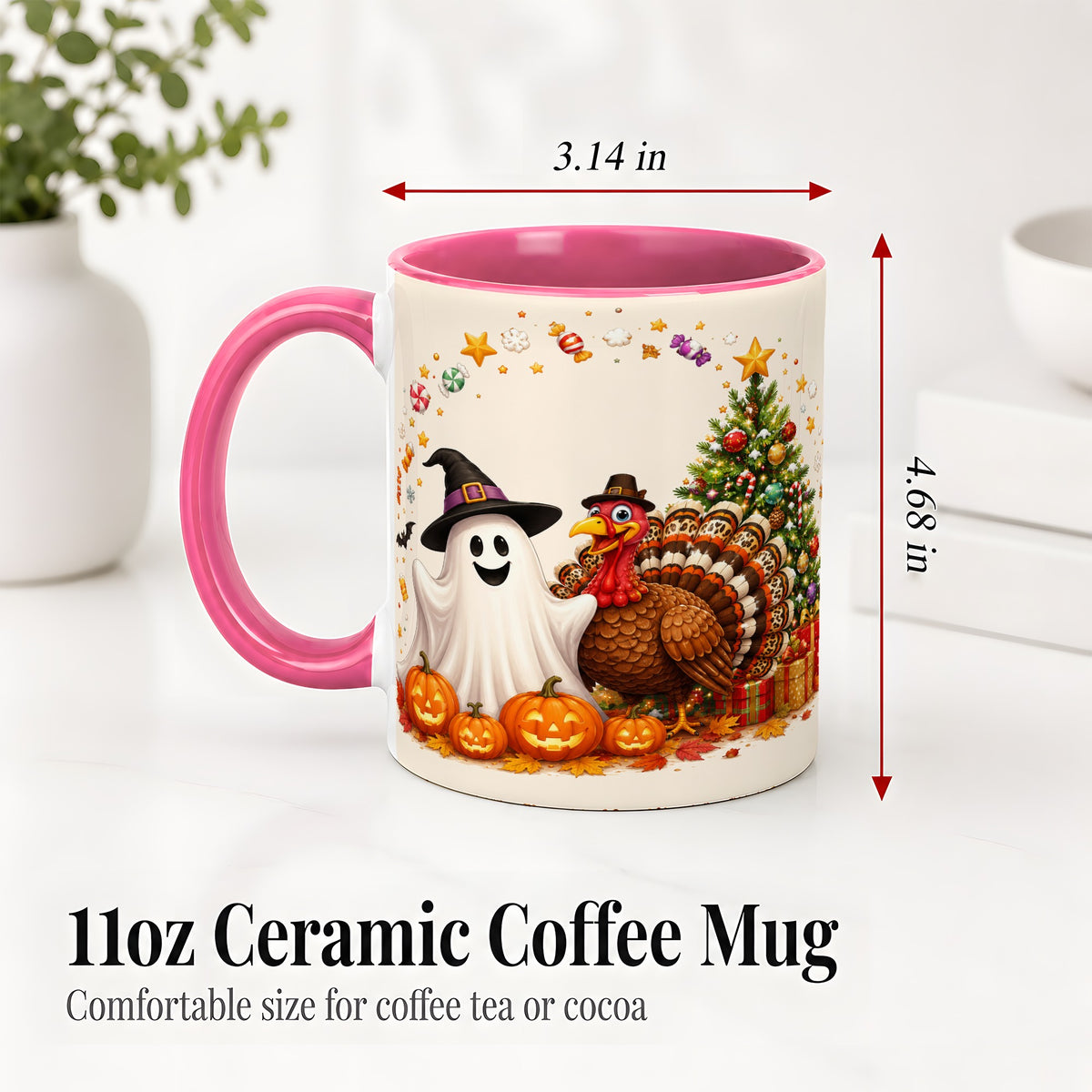 #pl[11oz|Pink] Festive Ghost Turkey Ceramic Mug, Holiday Pumpkin Christmas Art
