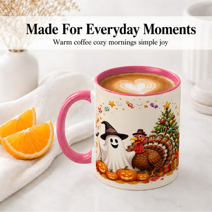 #pl[11oz|Pink] Festive Ghost Turkey Ceramic Mug, Holiday Pumpkin Christmas Art