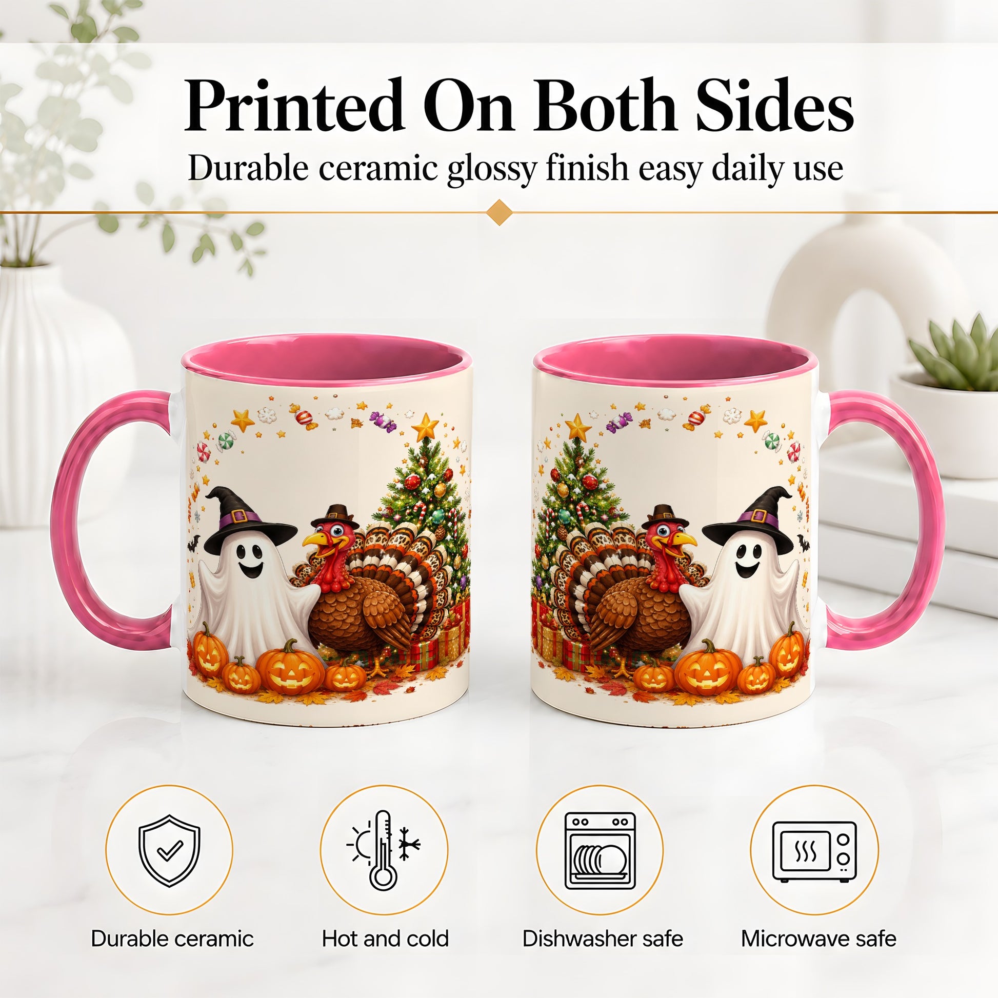 #pl[11oz|Pink] Festive Ghost Turkey Ceramic Mug, Holiday Pumpkin Christmas Art