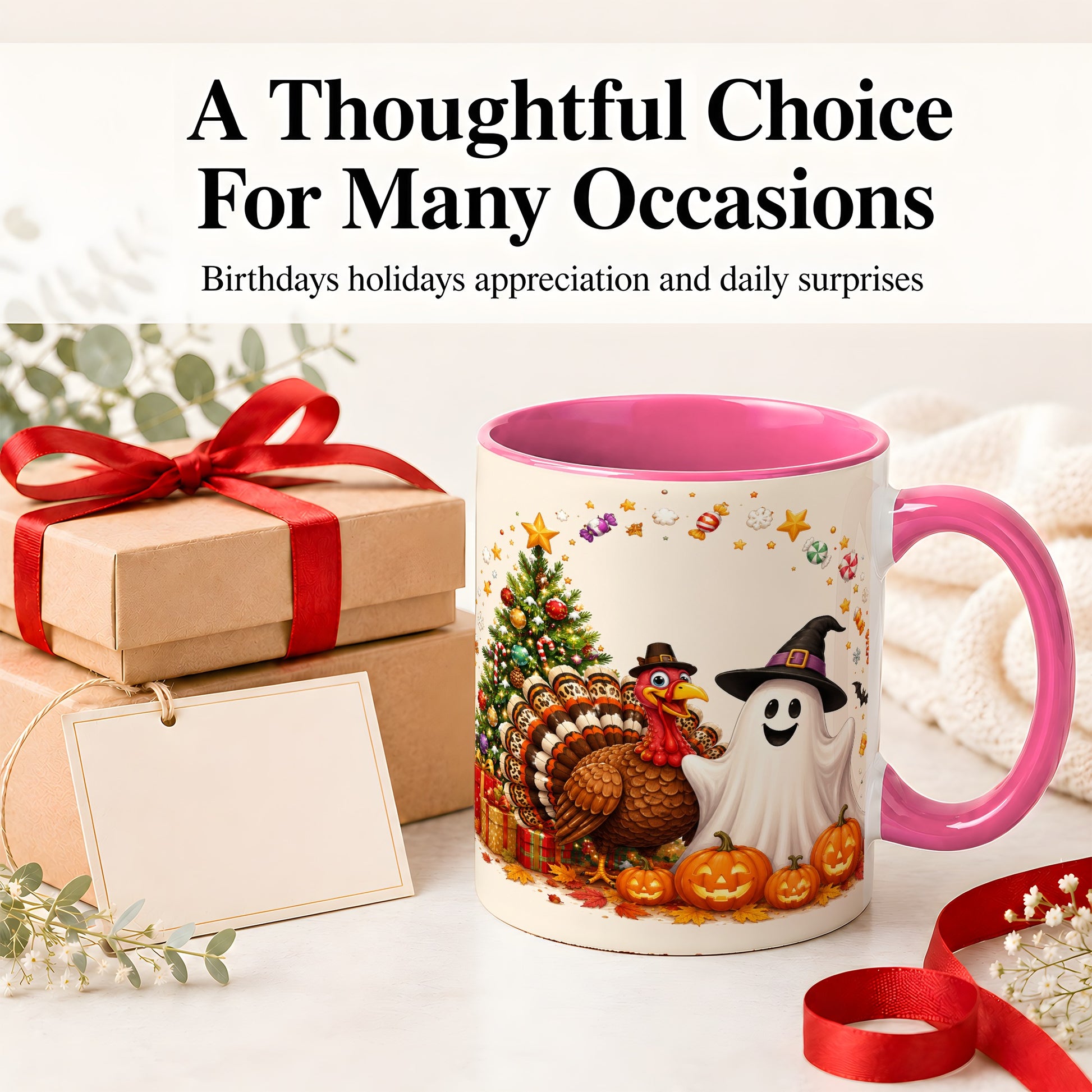#pl[11oz|Pink] Festive Ghost Turkey Ceramic Mug, Holiday Pumpkin Christmas Art