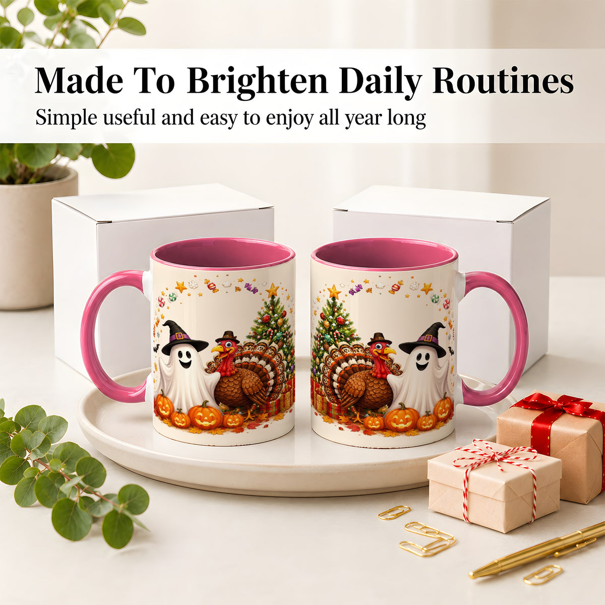 #pl[11oz|Pink] Festive Ghost Turkey Ceramic Mug, Holiday Pumpkin Christmas Art