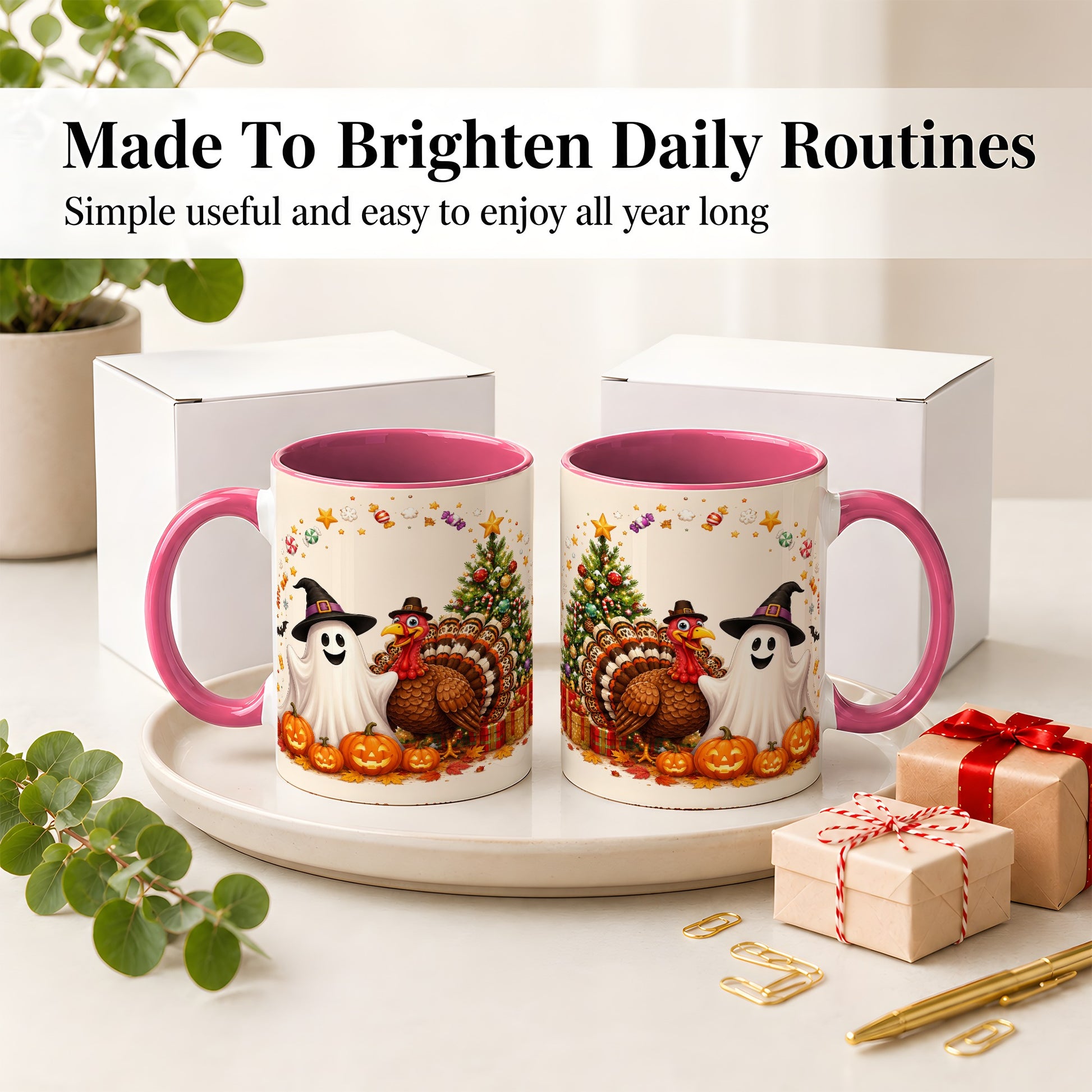 #pl[11oz|Pink] Festive Ghost Turkey Ceramic Mug, Holiday Pumpkin Christmas Art