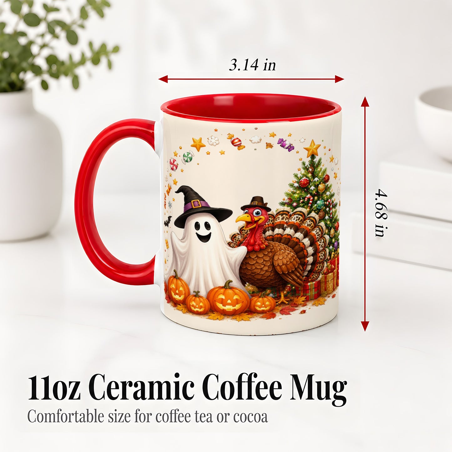 #pl[11oz|Red] Festive Ghost Turkey Ceramic Mug, Holiday Pumpkin Christmas Art