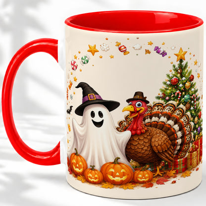 Festive Ghost Turkey Ceramic Mug, Holiday Pumpkin Christmas Art