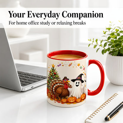 #pl[11oz|Red] Festive Ghost Turkey Ceramic Mug, Holiday Pumpkin Christmas Art