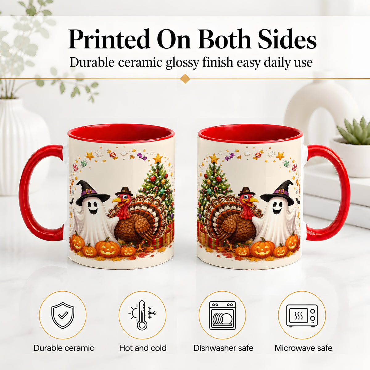 #pl[11oz|Red] Festive Ghost Turkey Ceramic Mug, Holiday Pumpkin Christmas Art