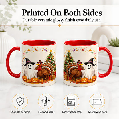 #pl[11oz|Red] Festive Ghost Turkey Ceramic Mug, Holiday Pumpkin Christmas Art