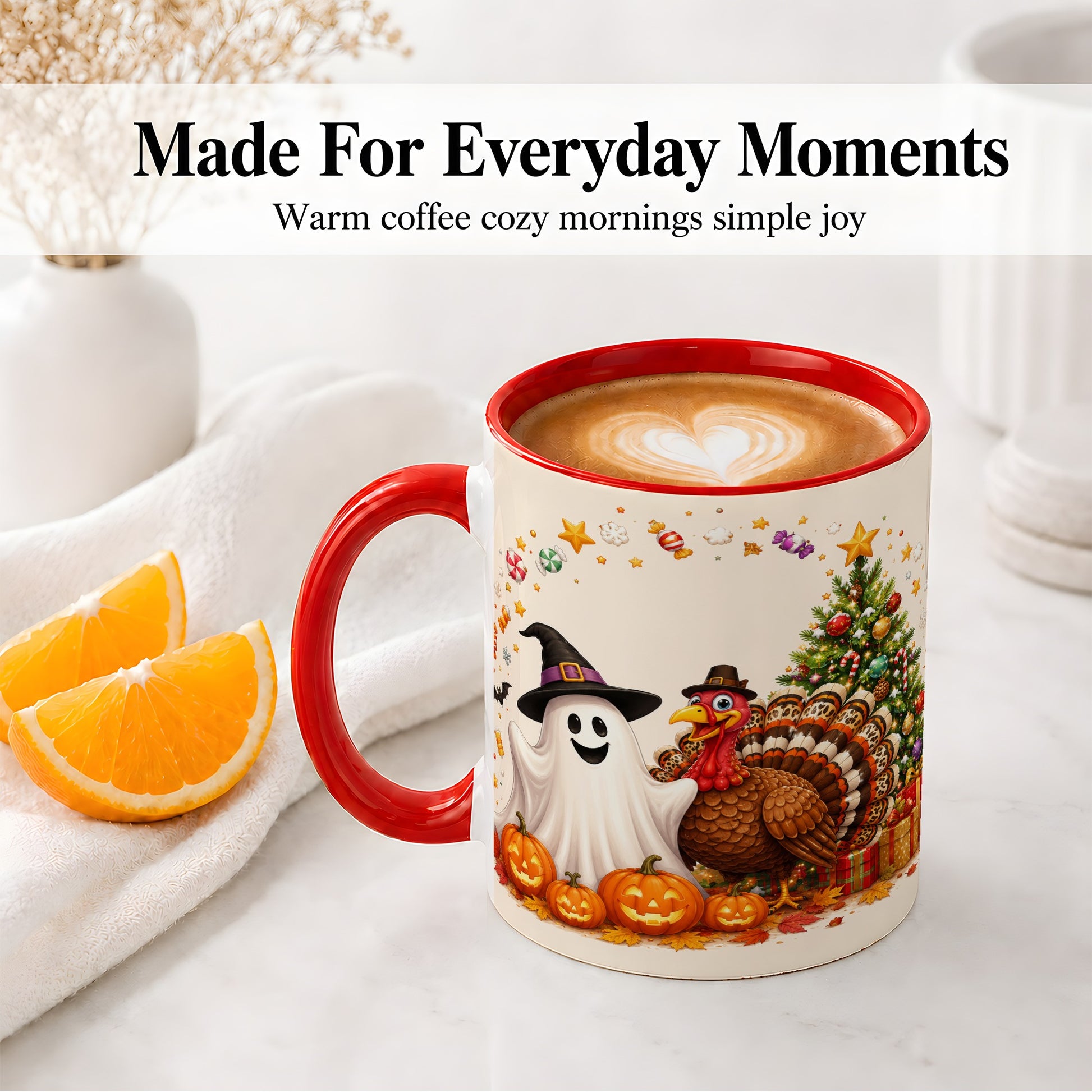 #pl[11oz|Red] Festive Ghost Turkey Ceramic Mug, Holiday Pumpkin Christmas Art