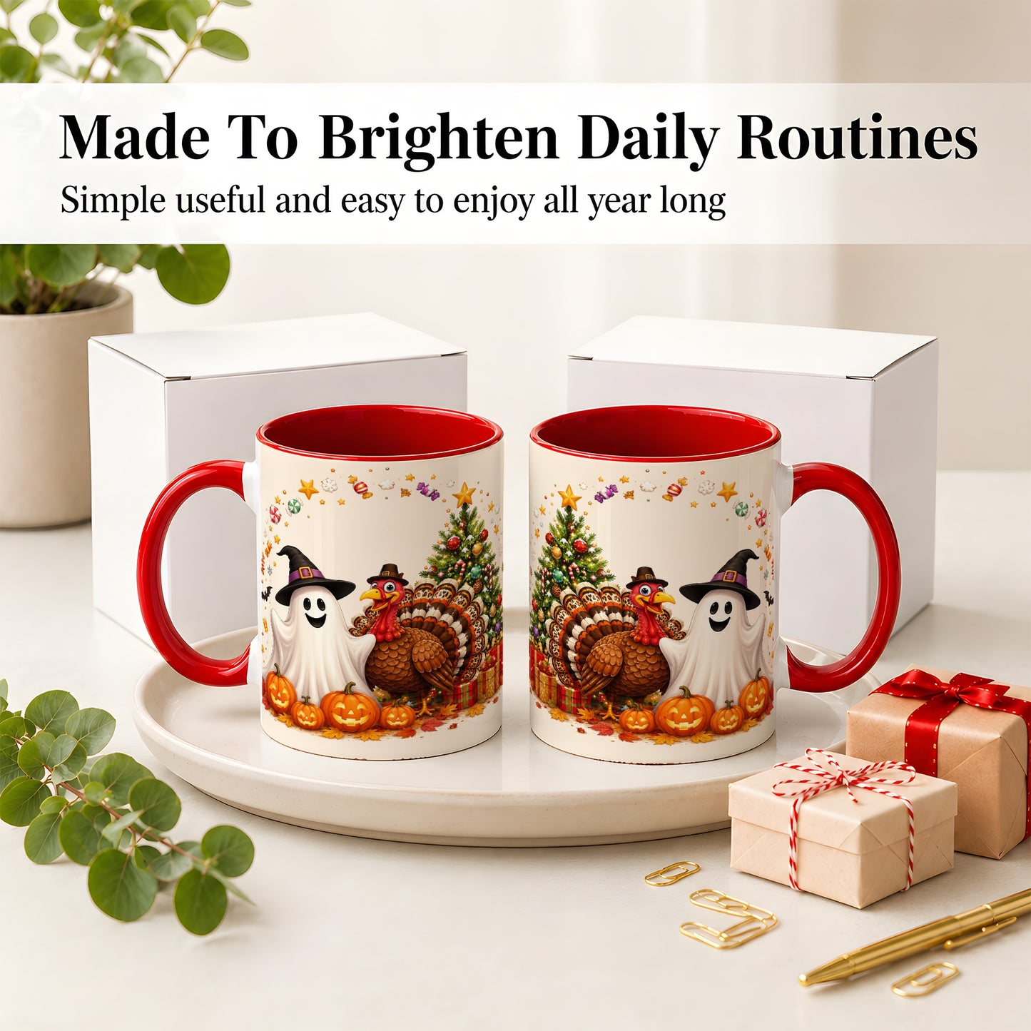 #pl[11oz|Red] Festive Ghost Turkey Ceramic Mug, Holiday Pumpkin Christmas Art