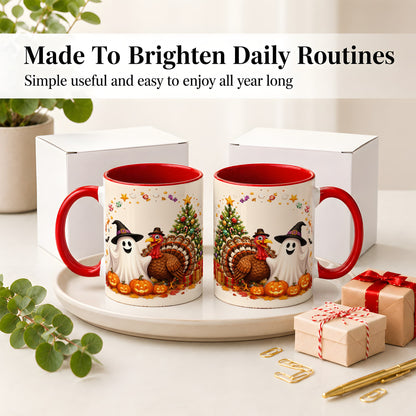 #pl[11oz|Red] Festive Ghost Turkey Ceramic Mug, Holiday Pumpkin Christmas Art
