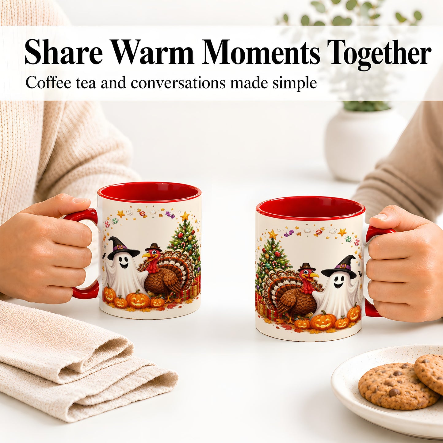 #pl[11oz|Red] Festive Ghost Turkey Ceramic Mug, Holiday Pumpkin Christmas Art