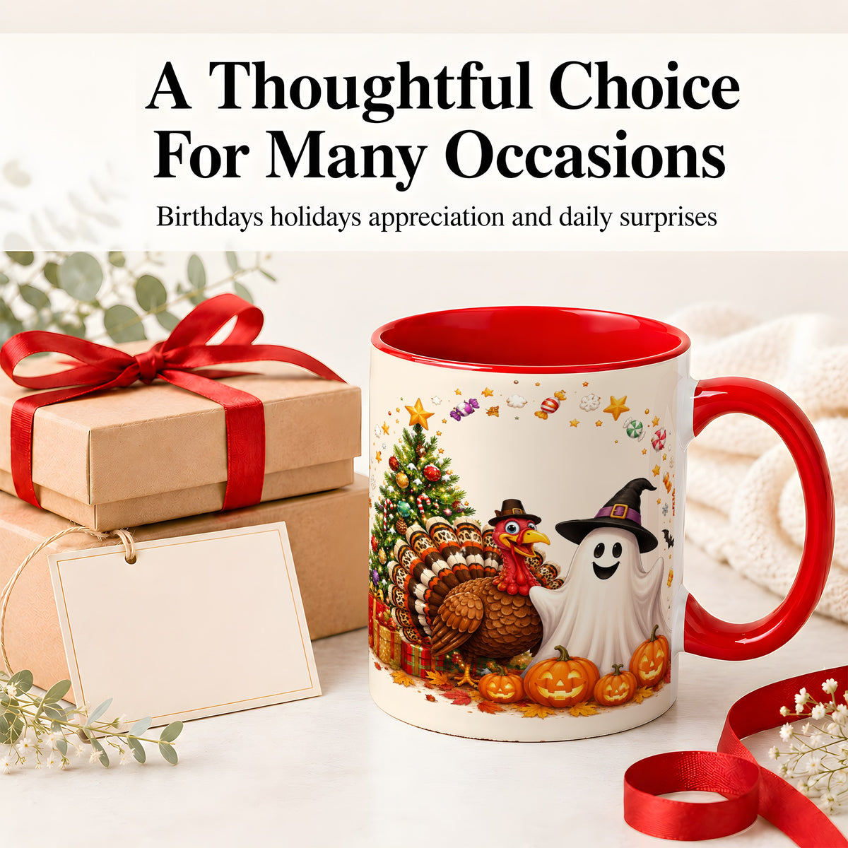 #pl[11oz|Red] Festive Ghost Turkey Ceramic Mug, Holiday Pumpkin Christmas Art