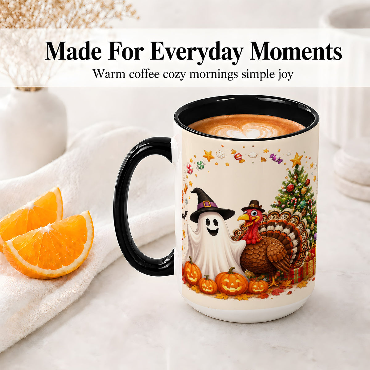 #pl[15oz|Black] Festive Ghost Turkey Ceramic Mug, Holiday Pumpkin Christmas Art