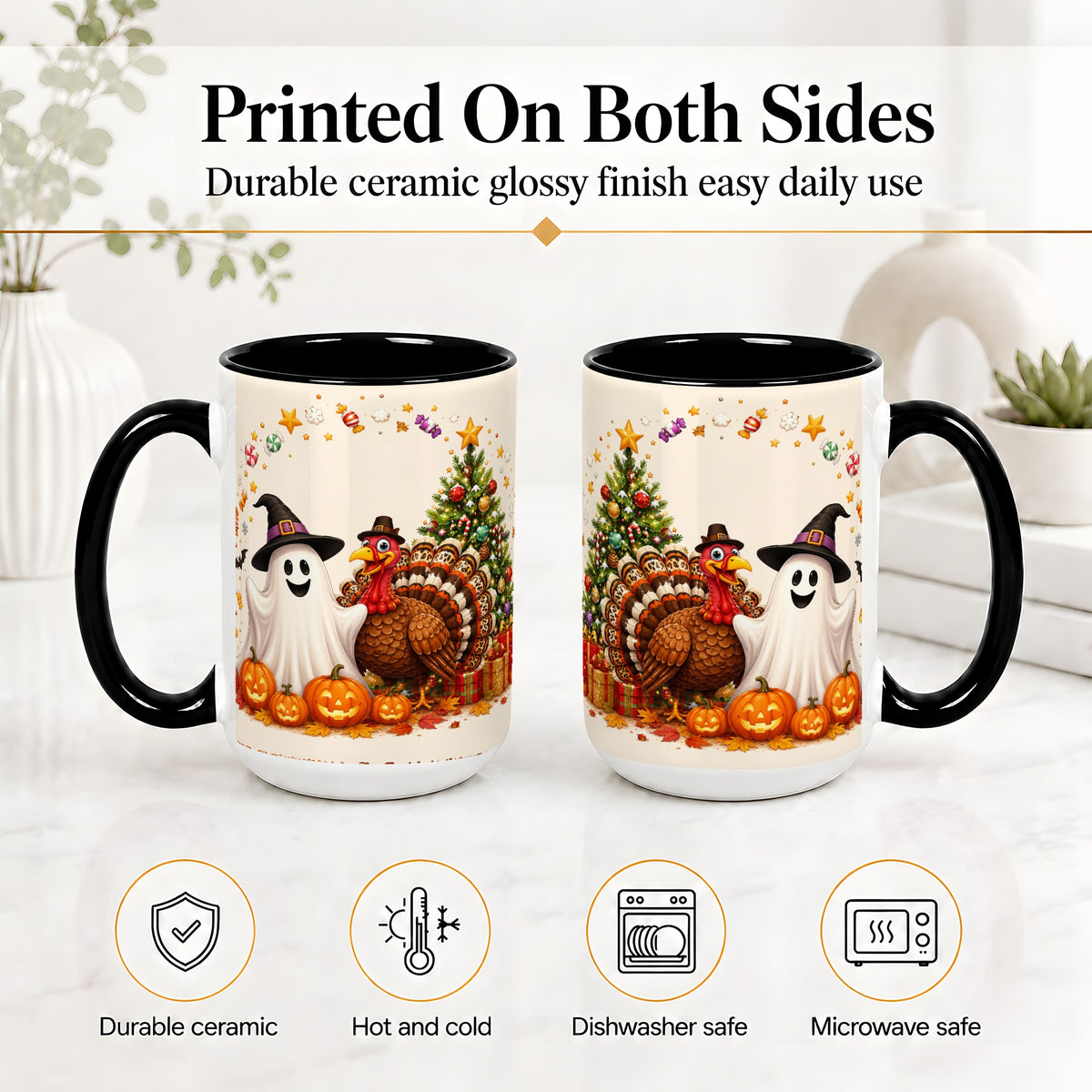 #pl[15oz|Black] Festive Ghost Turkey Ceramic Mug, Holiday Pumpkin Christmas Art