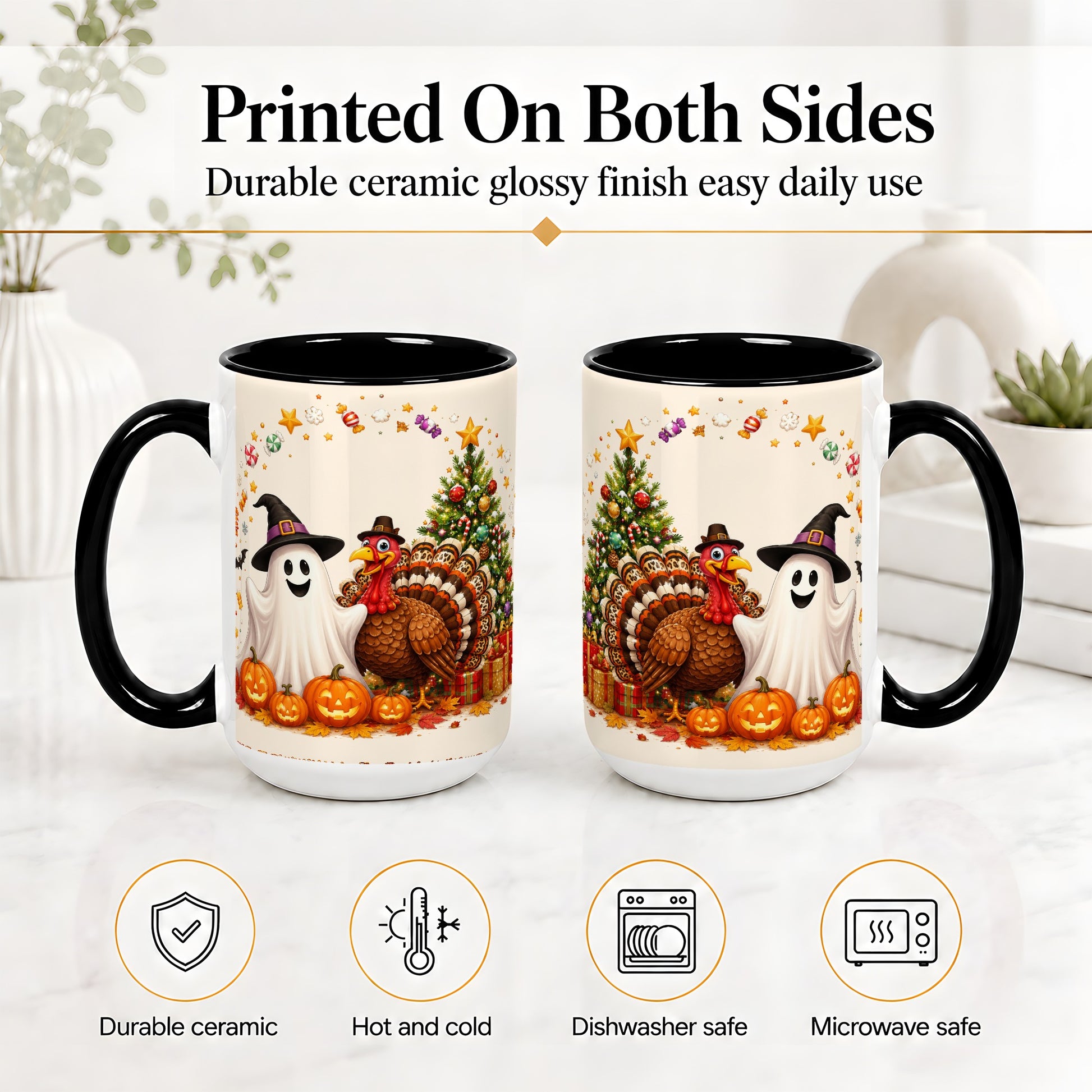#pl[15oz|Black] Festive Ghost Turkey Ceramic Mug, Holiday Pumpkin Christmas Art