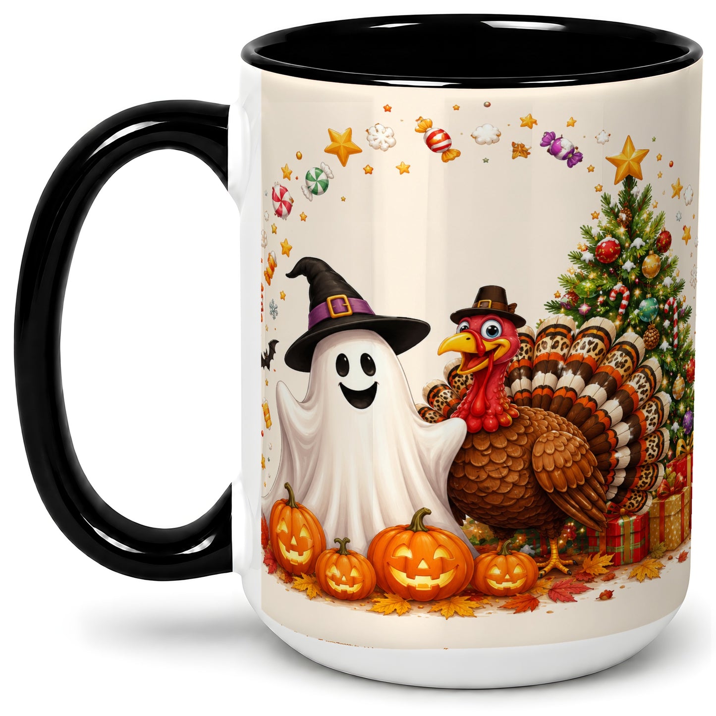 #pl[15oz|Black] Festive Ghost Turkey Ceramic Mug, Holiday Pumpkin Christmas Art