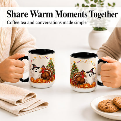 #pl[15oz|Black] Festive Ghost Turkey Ceramic Mug, Holiday Pumpkin Christmas Art